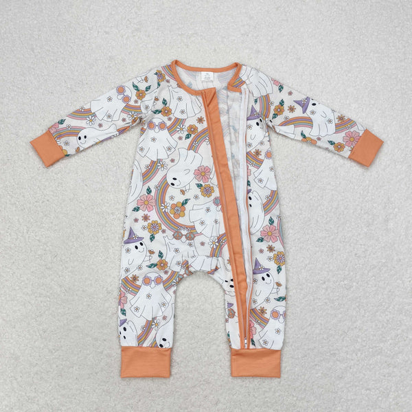 3.31 bamboo rts no moq LR0980 Modal rainbow ghost flower orange zipper long-sleeved jumpsuit