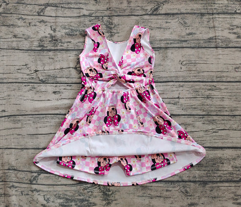 4.21 GSD2461 Baby Girls Pink Plaid Sleeveless Cartoon Mouse Yoga Skort Knee Length Dresses Preorder