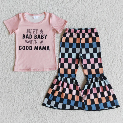 4.22 RTS NO MOQ E8-28 BAD BABY pink short-sleeved plaid flared pants
