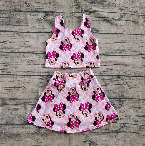 4.21 GSD2460 Baby Girls Sleeveless Pink Plaid Cartoon Mouse Top Skort Yoga Set Preorder