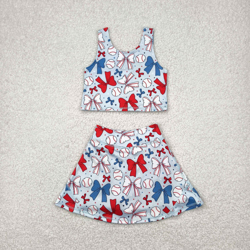 4.15 GSD2151 Baby Girls 4th Of July Bows Baseball Yoga Vest Skirt Active Wear Set