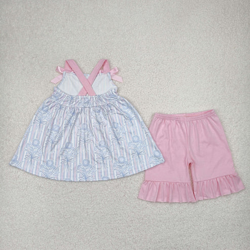 4.12 GSSO2429 Baby Girls Pink Strap Floral Stripe Tunic Ruffle Short Set