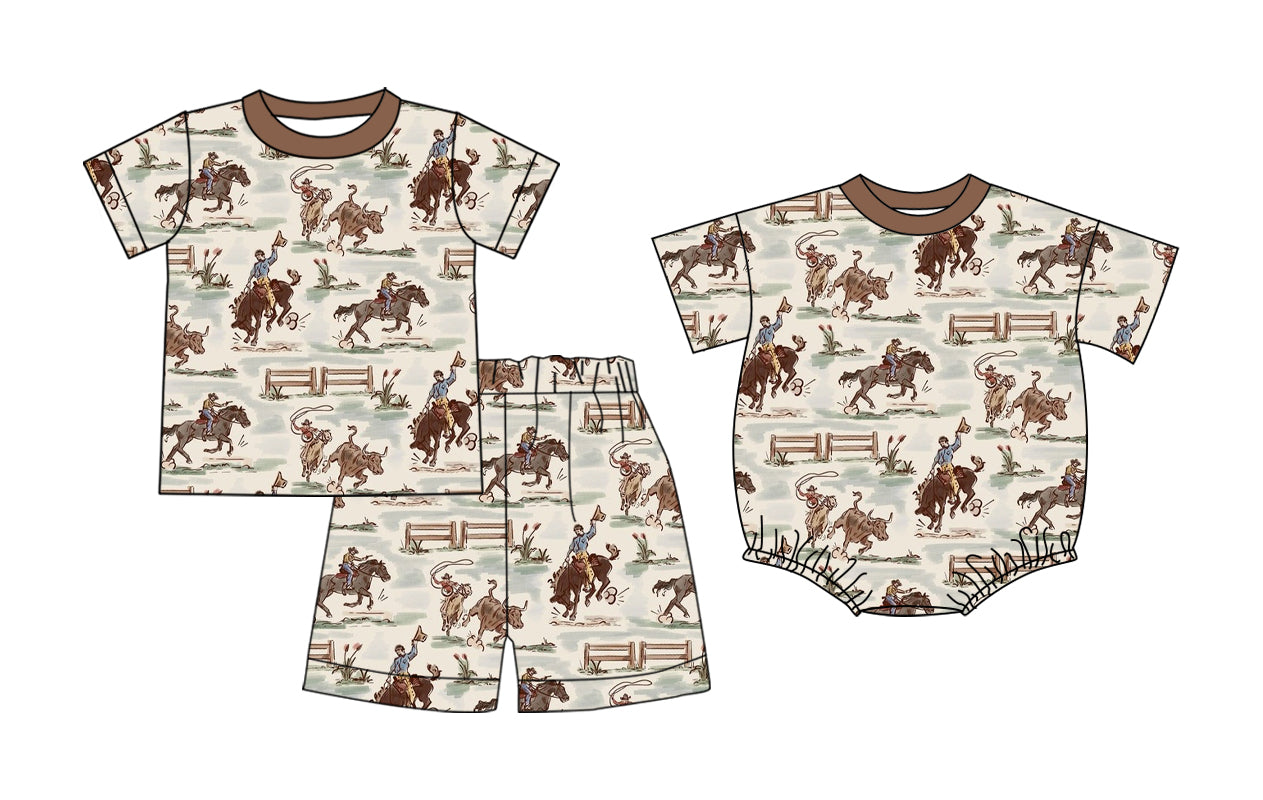 26.1.5 Custom MOQ:3 or 5 pcs each design milk silk Sibling baby boy clothes riding horse short sleeve shorts sets and romper