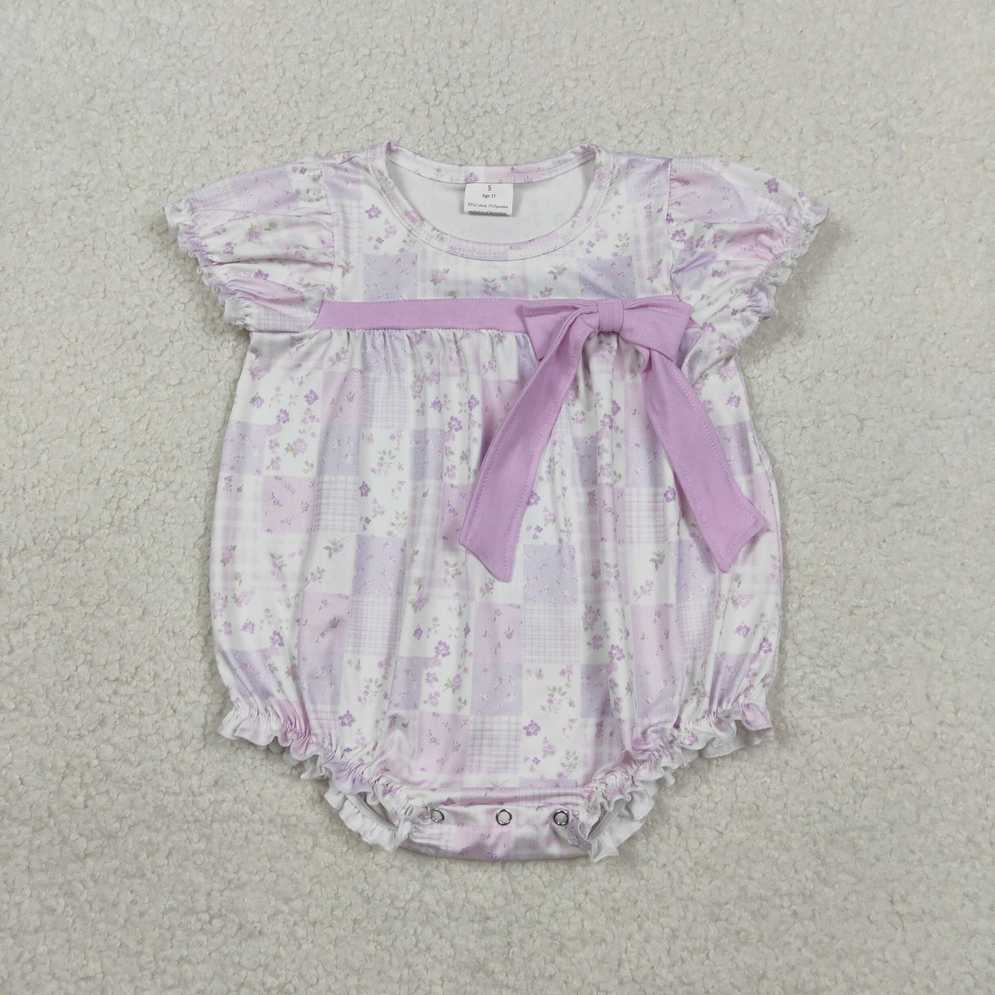 SR3730 Newborn Baby Girl Short Sleeve Flowers Checked Bow Top Ruffle Rompers