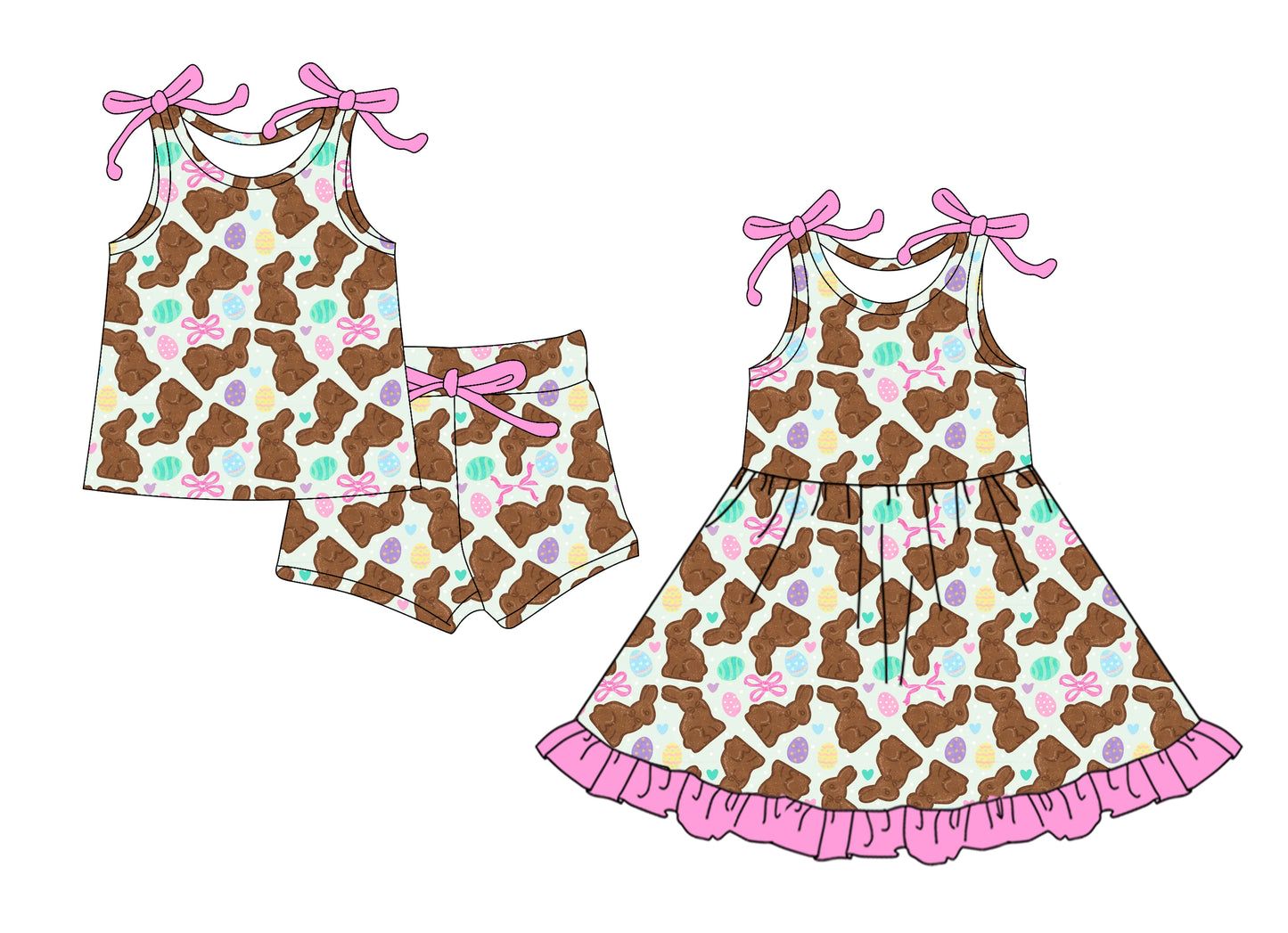 26.1.5 Custom MOQ:3 or 5 pcs each design milk silk Sibling baby girl clothes easter bow short sleeve shorts sets and dress