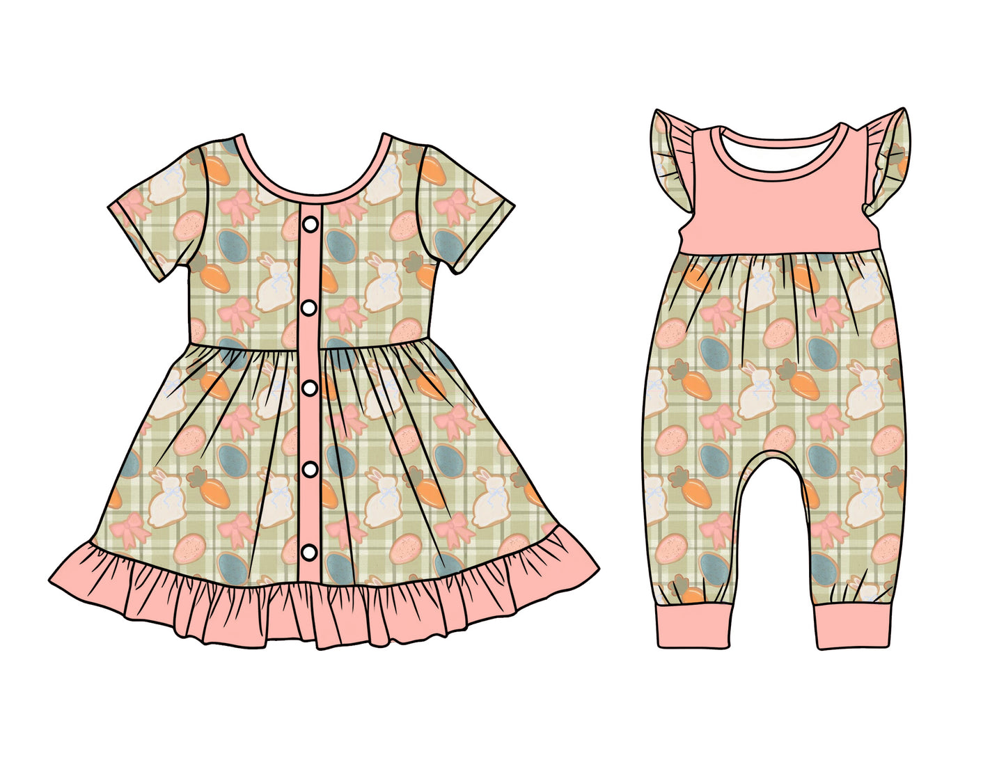 26.1.7 Custom MOQ:3 or 5 pcs each design milk silk Sibling baby girl clothes bunny bow short sleeve dress and romper