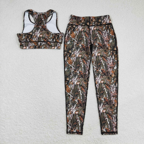 GSPO1460 Adult Women Camo Leaves Vest Top Pants Yogo Sports Clothes Set