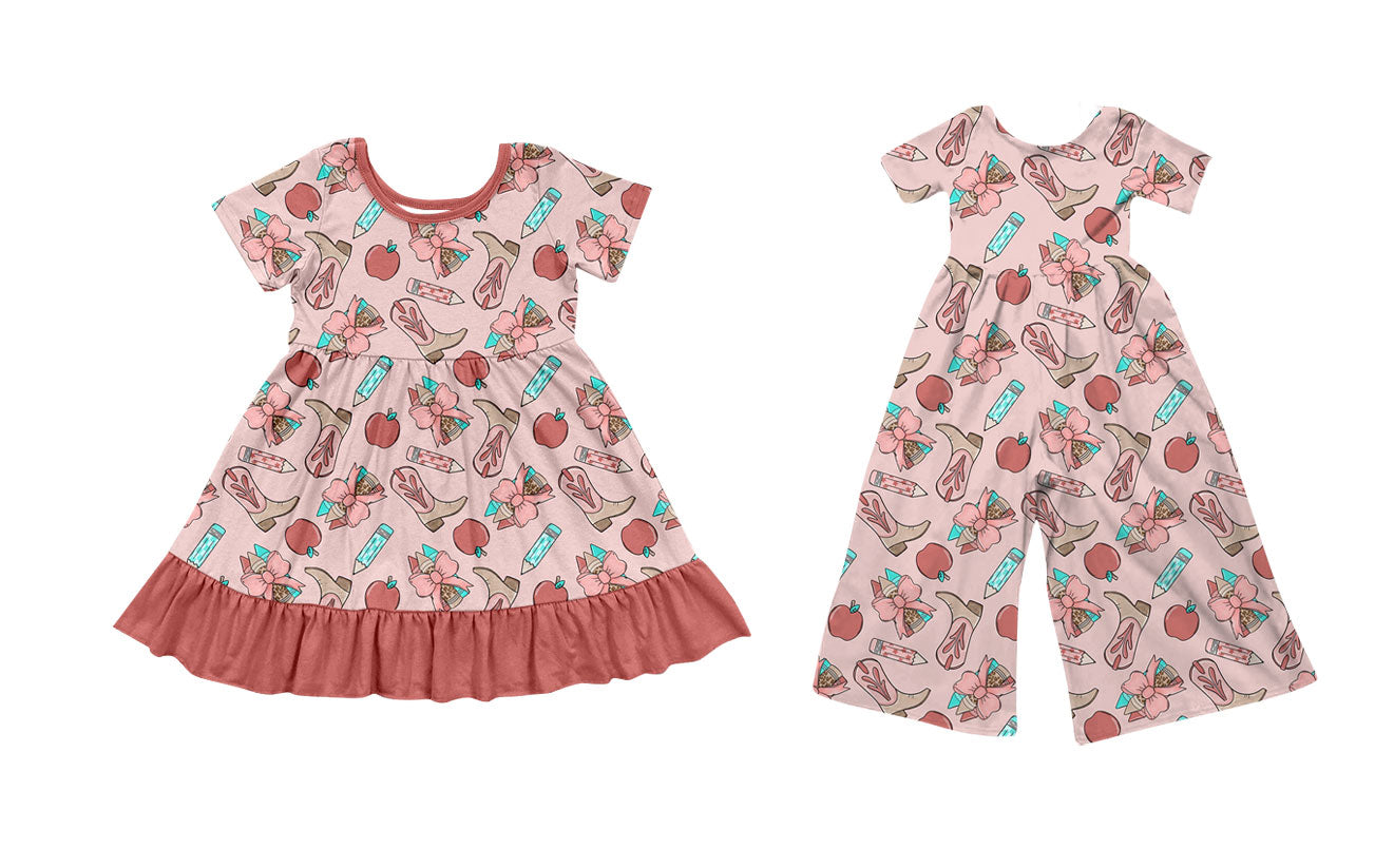 26.1.15 Custom MOQ:3 or 5 pcs each design milk silk Sibling baby girl clothes boot bow short sleeve jumpsuit and dress