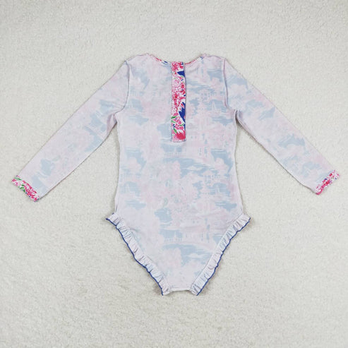 S0376 Flower scenery blue pink zipper long-sleeved one-piece swimsuit