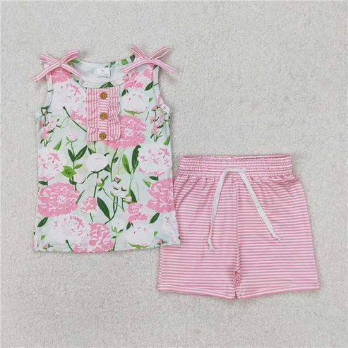 4.14 Sibling 4 colors Baby Girls Sleeveless Floral Button Top Shorts Set