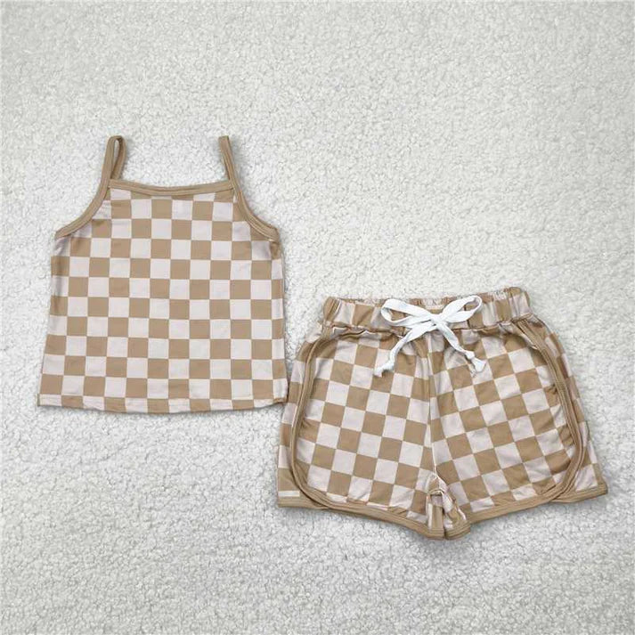 6.16 Sibling 4 Colors Baby Girls Strap Plaid Top Short Sports Sets