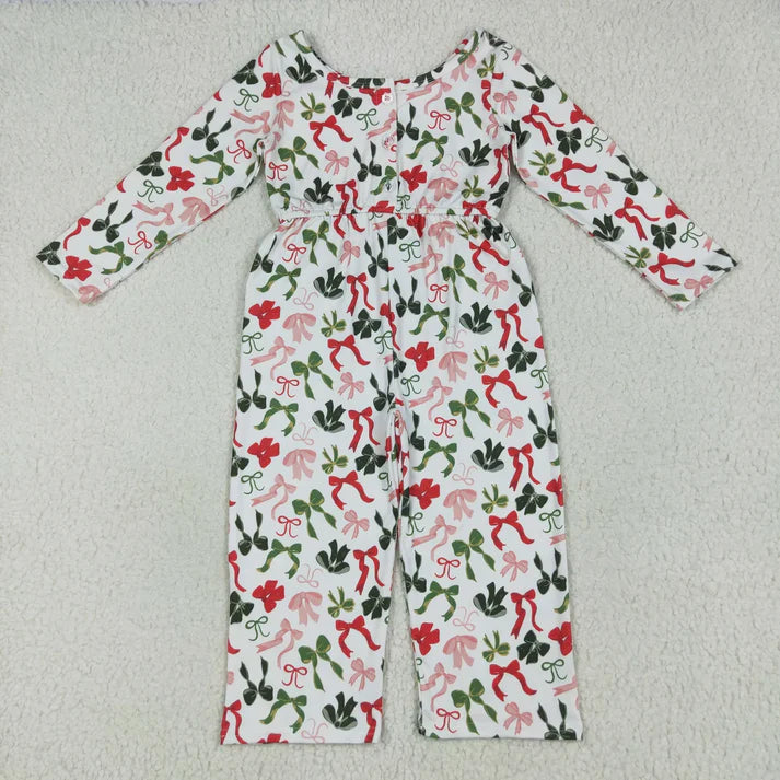 9.4 Sibling Baby Girls Christmas Green Red Bows Pockets Jumpsuits Knee Length Dress