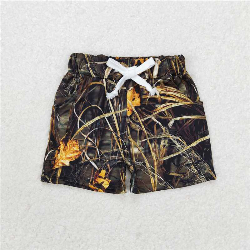 BT0674+ SS0280 Embroidered puppy Moose light brown short-sleeved top Twig leaf camo shorts set