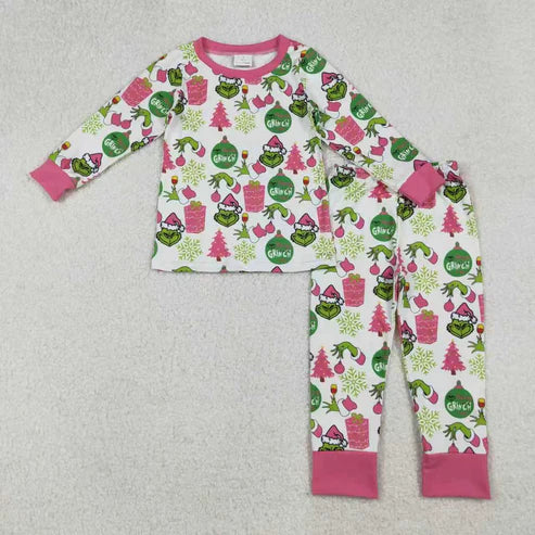 11.1  Sibling Baby Girls Green Faces Trees Lights Christmas Ruffle Knee Length Dress Pajamas Sets Footie Rompers