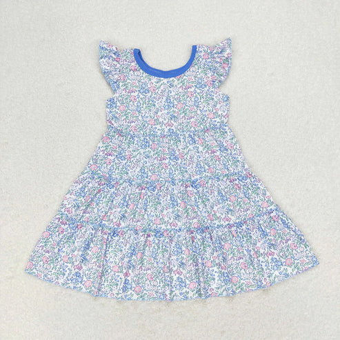 L-3.8 Sibling Baby Girls Flutter Sleeve Flowers Twirl Knee Length Dresses