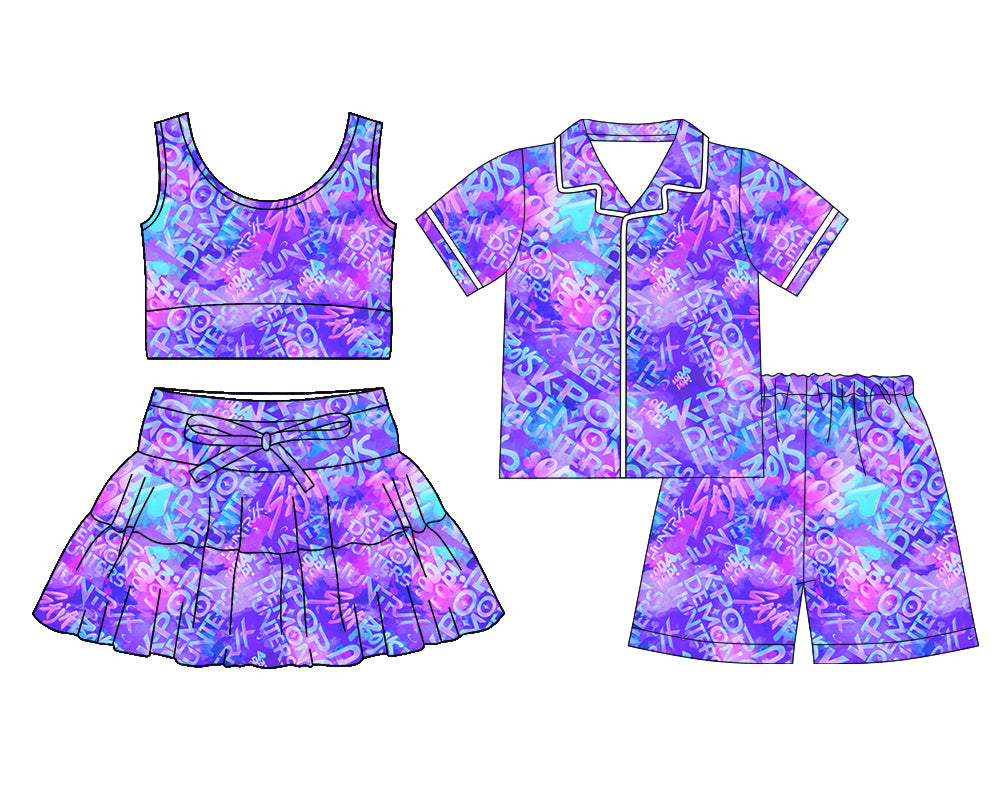 26.1.5 Custom MOQ:3 or 5 pcs each design milk silk Sibling baby girl clothes cartoon short sleeve shorts sets and skirts sets
