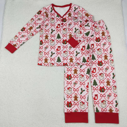 10.31 Mama and Me Bows Santa Socks Checked Top Pants Christmas Pajamas Sets Zipper Rompers