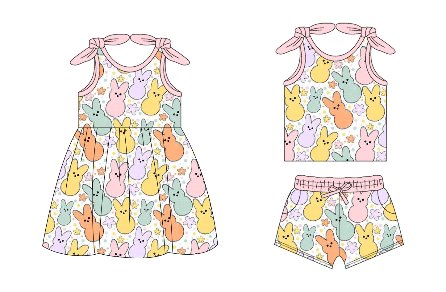 26.1.14 Custom MOQ:3 or 5 pcs each design milk silk Sibling baby girl clothes bunny floral short sleeve shorts sets and dress
