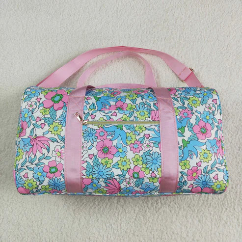 5.2 BA0291 Pink Ruffle Blue Floral Print Gym Duffle Bag
