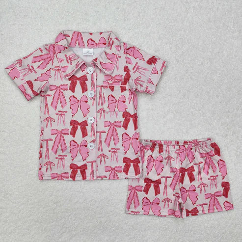 11.1 Sibling Baby Girls Pink Bows Plaid Button Pocket Shorts Pajamas Set Zipper Pullovers Top
