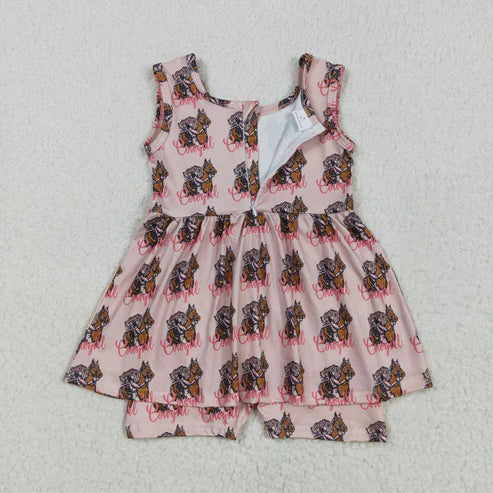 5.17 SR3072 Baby Girls Pink Sleeveless Horses Rodeos Cowgirl Skort Jumpsuit