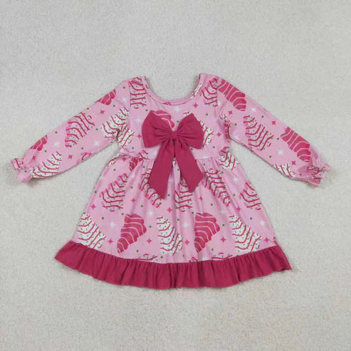 10.31 Sibling Baby Girls Pink Stripe Trees Stars Bow Christmas Knee Ruffle Length Dresses Rompers