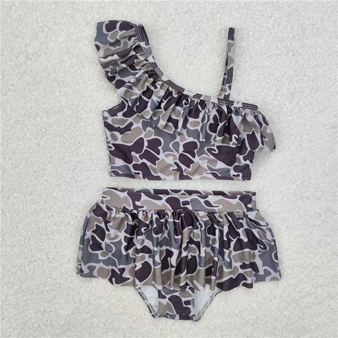4.2 Sibling Baby Girls Camouflage Ruffle Top Bummie 2pcs Swimsuits