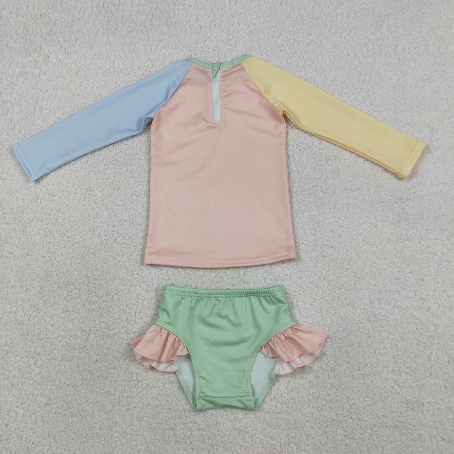 S0637 Kids Baby Girls Yellow Aqua Blue Pink Patchwork Top Ruffle Bummies Swimsuits