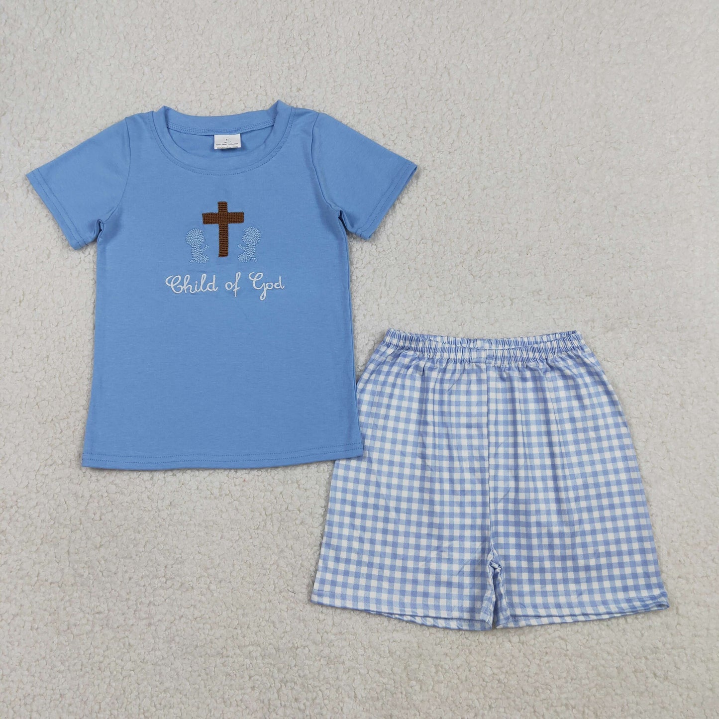 BSSO1714 Kids Embroidery Cross Child of God Baby Boys Top Checked Shorts Clothes Sets