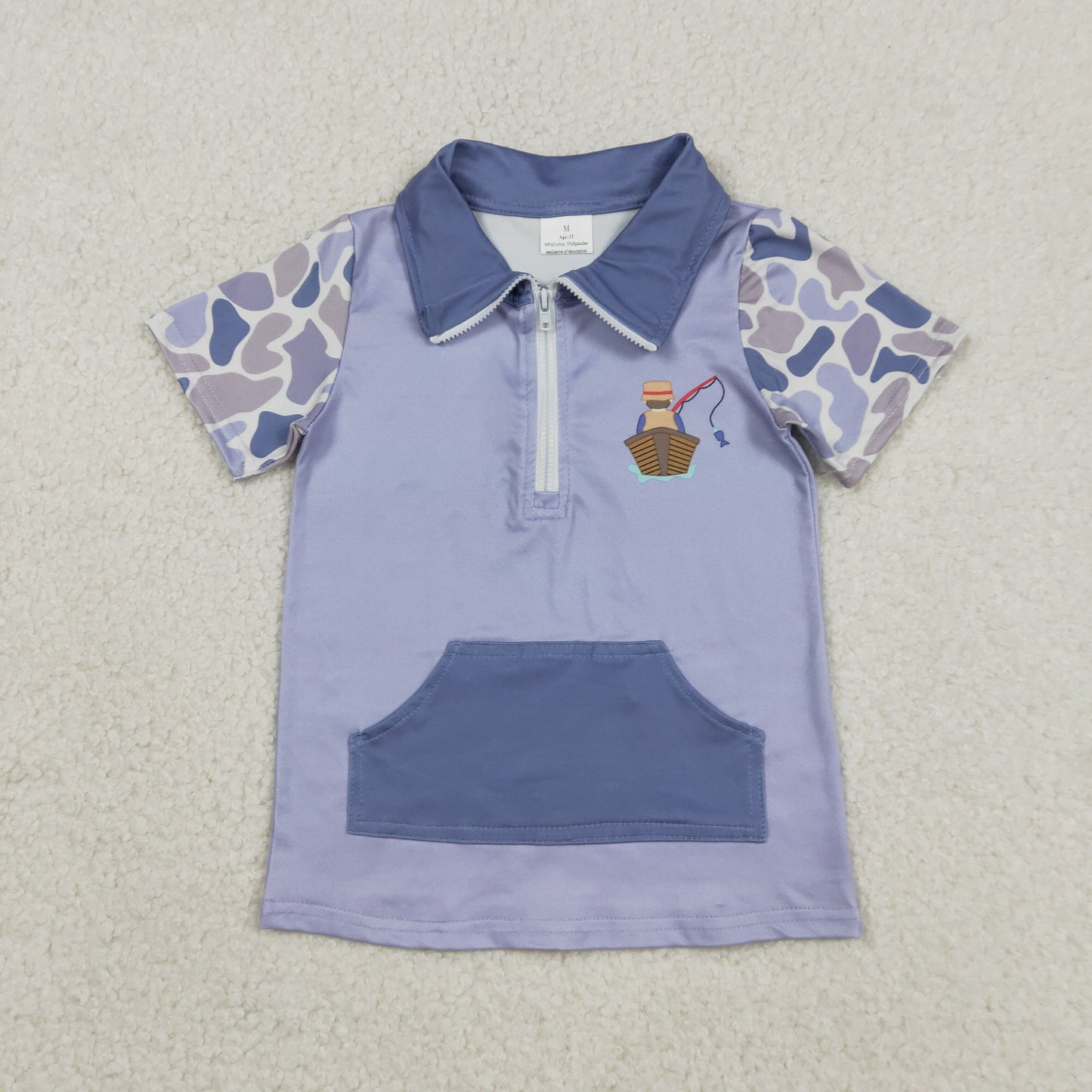 RTS NO MOQ(In Stock) Fishing Boat Camouflage Gray-Blue Zipper Short-Sleeve Top