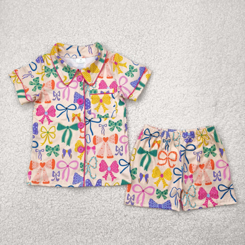 4.29 GSSO2487 Baby Girls Colorful Bows Button Pocket Top Short Pajamas Set