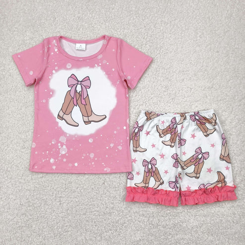 4.25 GSSO2354 Baby Girls Pink Short Sleeves Bow Boot Top Ruffle Short Set