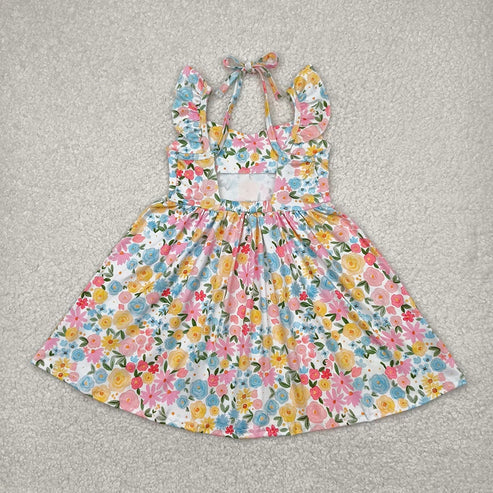 4.25 Sibling Baby Girls Flutter Sleeves Floral Backless Bow Knee Length Dresses
