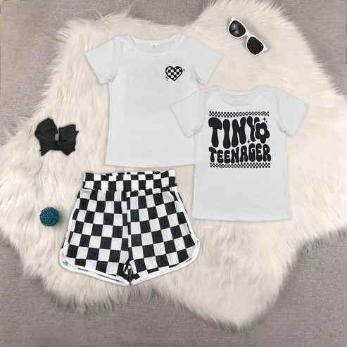 4.29 GT0527+SS0209 Baby Girls Short Sleeves Black Plaid Heart Tiny Top Shorts Summer Set