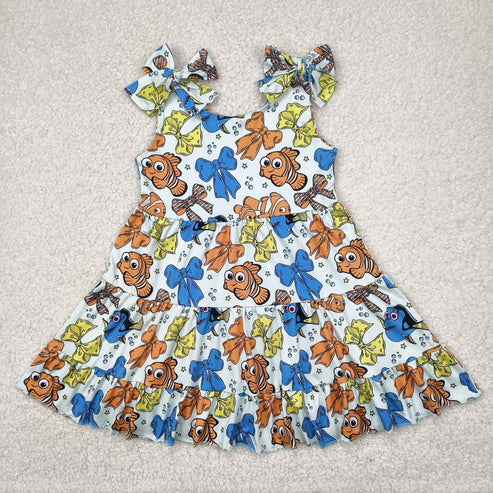 4.25 GSD2462 Baby Girls Strap Colorful Cartoon Fishes Bows Knee Length Dress