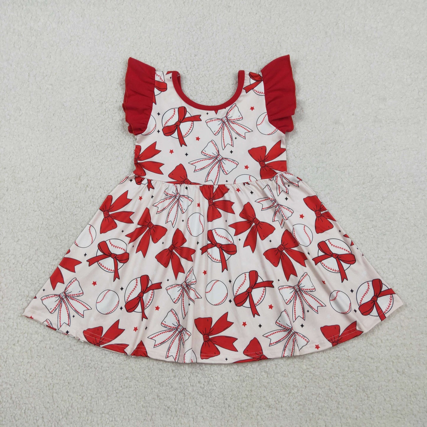GSD3456 Kids Baby Girl Flutter Sleeve Baseballs Bows Team Knee Length Dresses
