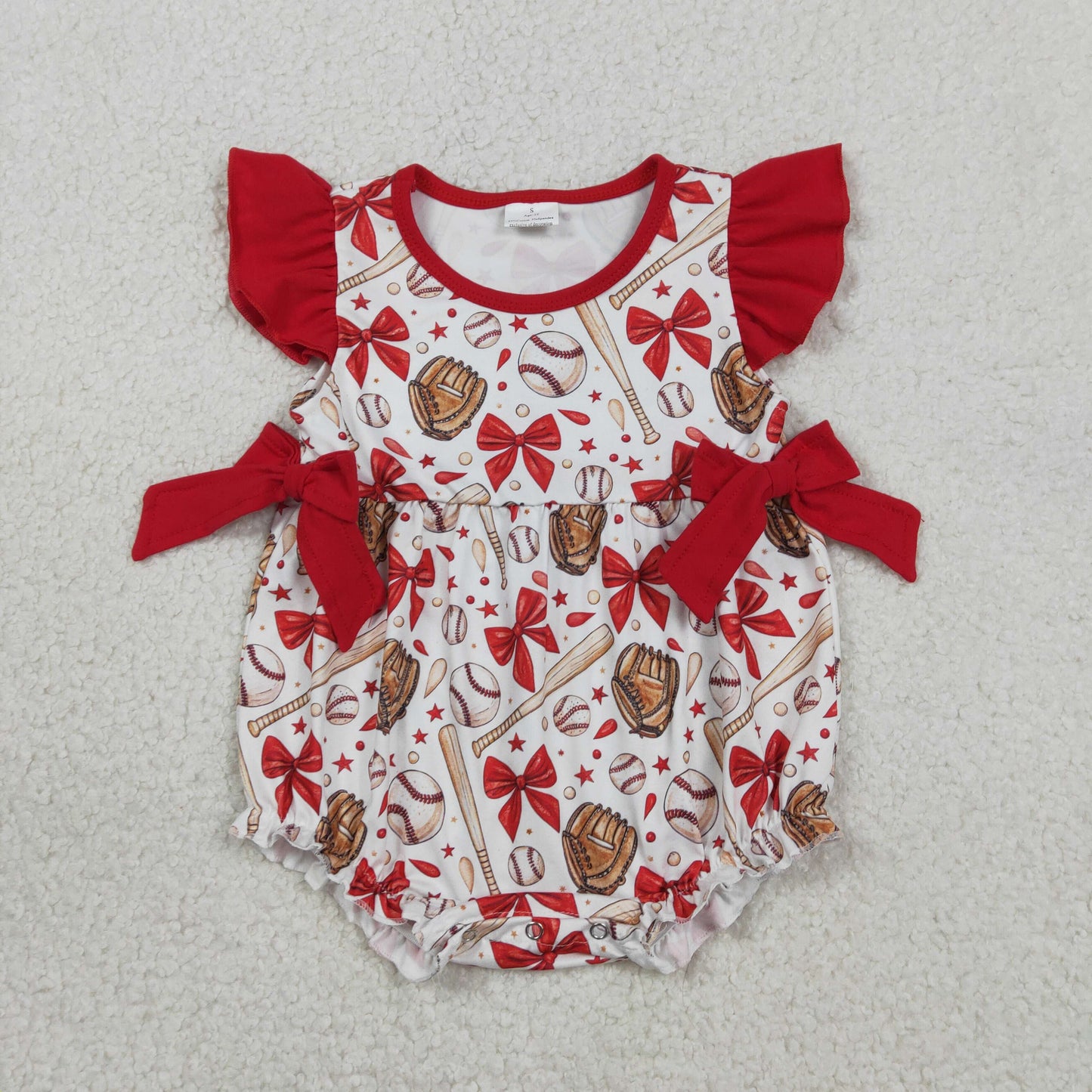 RTS NO MOQ(In Stock) SR3834 Red bow-patterned baseball glove, white vest jumpsuit