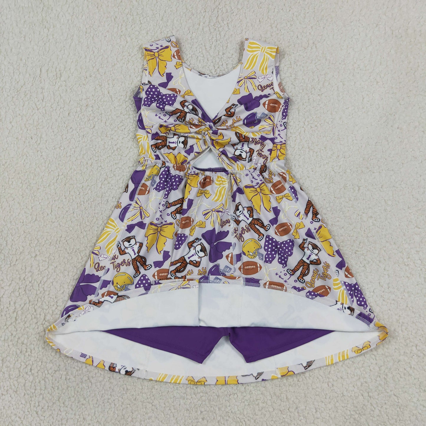 GSD3801 Kids Clothing Baby Girls Footballs Bows Tigers Team Yoga Active Shorts Knee Length Dresses