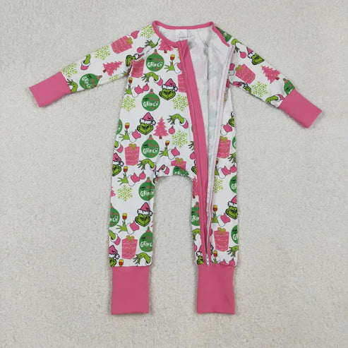 9.24 LR2588 Baby Girls Green Face Gifts Christmas Zipper Footie Romper