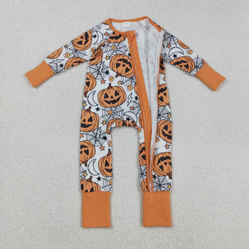 9.17 LR2528 Baby Boys Spider Web Pumpkins Halloween Zipper Footie Romper