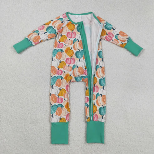9.17 LR2552 Baby Girls Colorful Pumpkins Plaid Fall Zipper Footie Romper