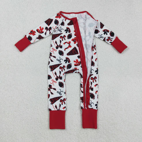 9.17 LR2512 Baby Girls Red Bows Footballs Plaid Ruffle Zipper Team Romper