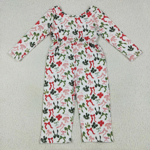 9.17 LR2192 Baby Girls Long Sleeves Colorful Bows Pockets Christmas Jumpsuit