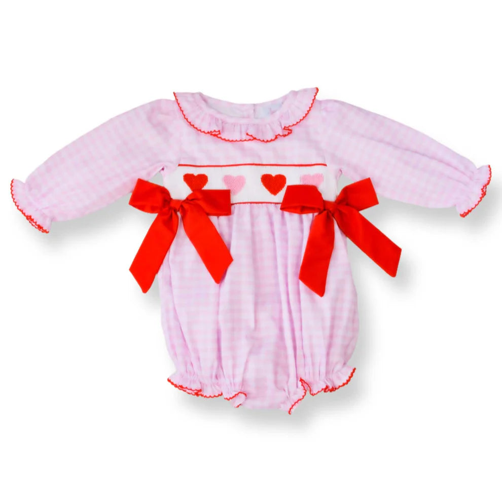 9.23 LR2688 Baby Girls Pink Checked Hearts Bows Valentine Ruffle Rompers Preorder