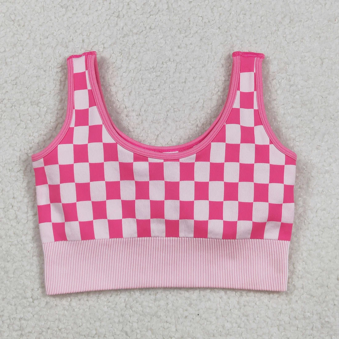 9.13 GT1190 Adult Women Pink Checkered Knitted Yoga Crop Bra Tops