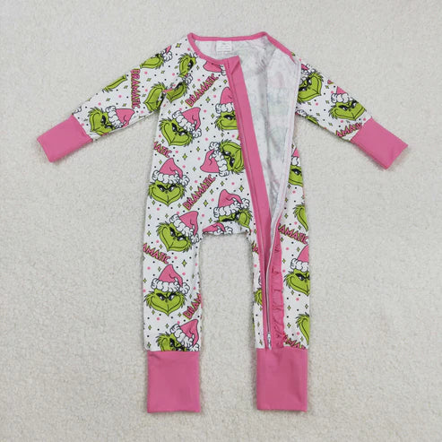 9.17 LR2495 Baby Girls Long Sleeves Green Faces Stars Plaid Ruffle Zipper Romper