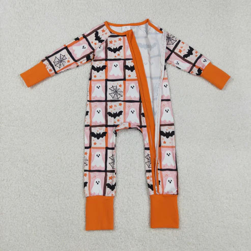 9.17 LR2539 Baby Boys Ghosts Bats Plaid Halloween Zipper Footie Romper