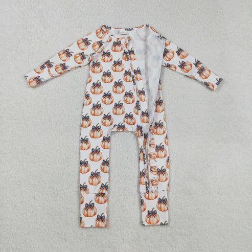 9.17 LR2557 Baby Boys Bows Pumpkins Fall Zipper Footie Romper