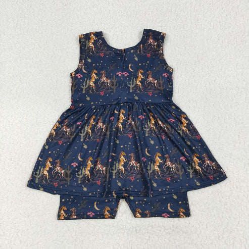 9.17 SR3071 Baby Girls Navy Sleeveless Horses Cactus Skort Jumpsuit