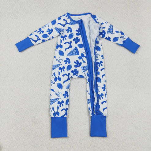 9.16 LR2511 Baby Girls Blue Bows Footballs Plaid Ruffle Zipper Team Romper